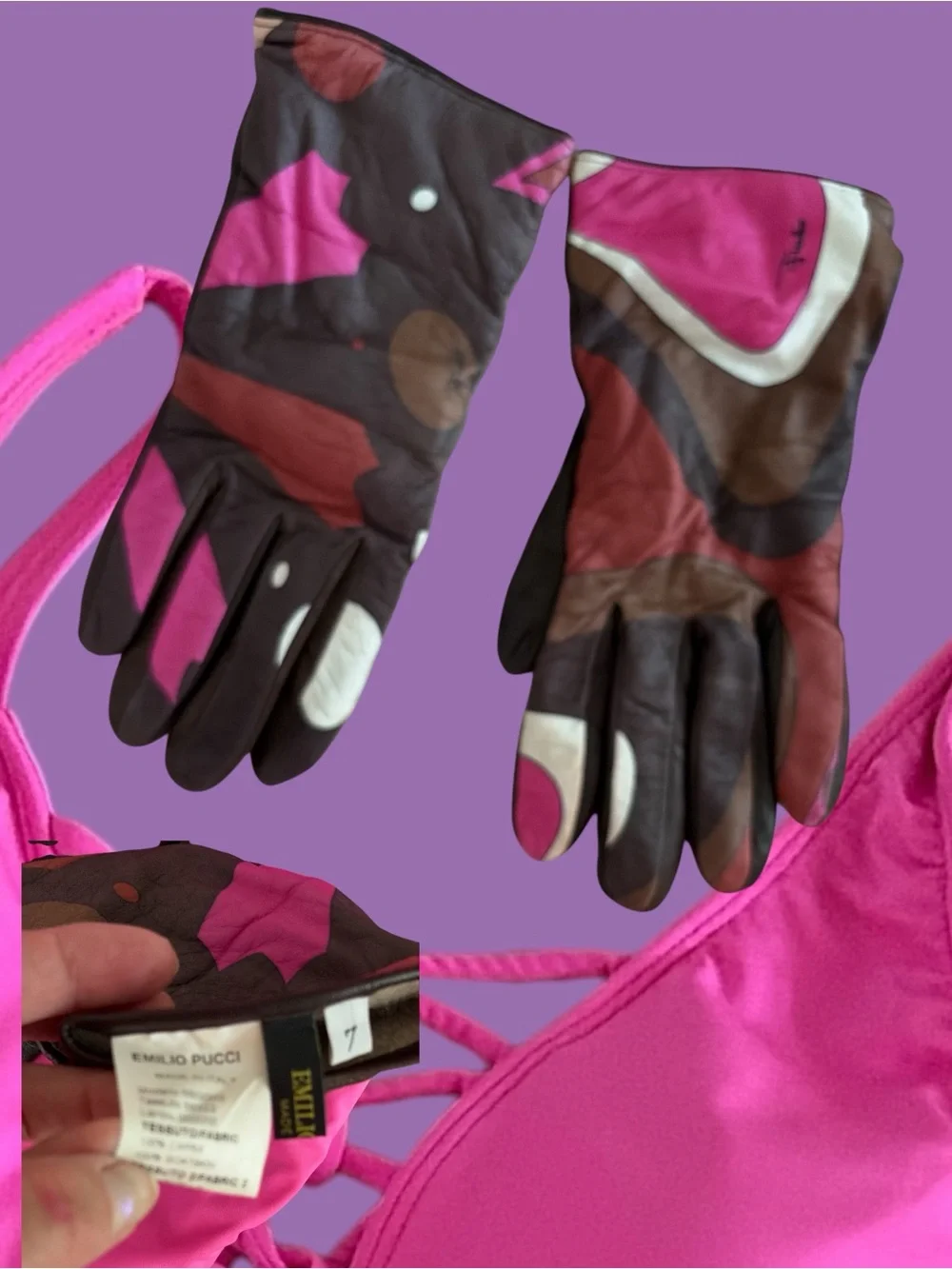 Emilio Pucci Multicolor Leather Gloves - Pink, Brown, Cream